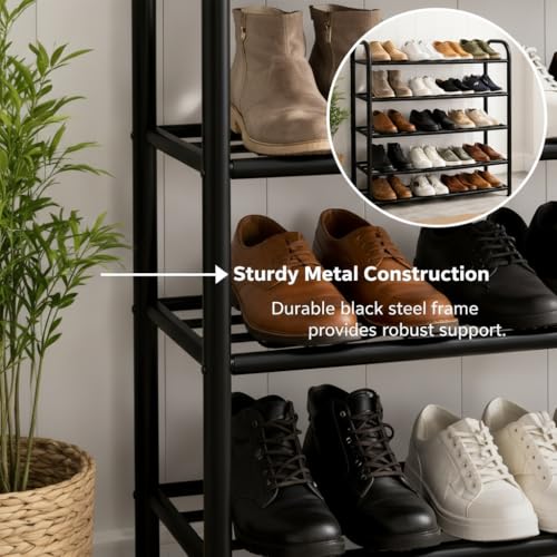 Image of Owme Metal Shoe Rack for Home - Adjustable & Stackable Waterproof Open 5-Tier Shoe Rack for Closet Entryway, Bedroom, Outdoor, DIY Multi-Purpose Carbon Steel Shoe Stand - Black