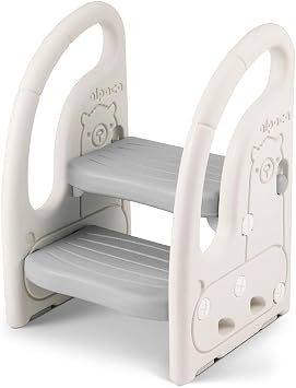 Onasti Step Stool for Kids, Toddler Step Ladder with Handles, Height Adjustable 2 Step Stool, Plastic Ladder/Toddler Helper Stool for Potty Training, Bathroom Sink, Bedroom & Kitchen Grey-white