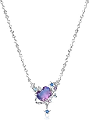 925 Sterling Silver Necklace for Women,Dainty Purple Love Planet Pendant Necklace, Galaxy Solar System Jewelry Gift for Her Valentines Day, Adjustable 16-18in Chain,Basic Multifunctional Accessories Suitable for Multiple Occasions and Daily Wear