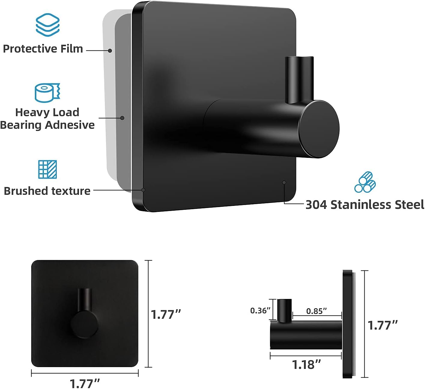 HITSLAM Adhesive Hooks Heavy Duty Stick on Wall Hooks for Hanging Towels Waterproof Stainless Steel Adhesive Towel Hooks for Bathroom Shower Hooks Towel Hanger 6 Packs Black