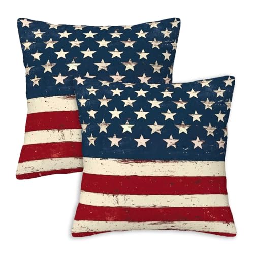 KozaHopa American Flag Throw Pillow Covers 18x18 Set of 2 | Vintage Stars and Stripes Decorative Cushion Covers for Couch Sofa Bed | Patriotic Farmhouse Home Decor for 4th of July