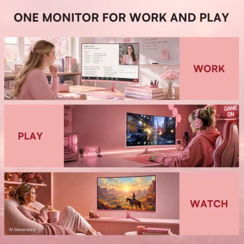 Image of Raywego 27 Inch Pink Curved Gaming Monitor, QHD 1440P 180Hz, 1500R | 1ms MPRT, 3000:1 contrast, HDR, FreeSync, eye care, HDMI /DP, VESA 75x75, 3-side borderless design.