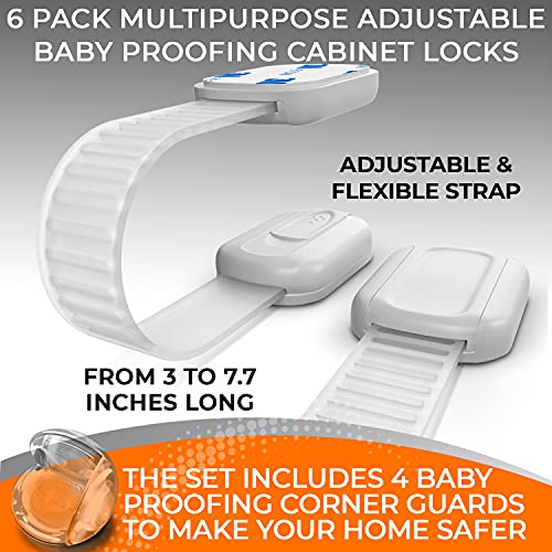 Baby Safety Cabinet Locks (6 Pack + 4 Guards) 3M Adhesive Child Proofing Latches, to Baby Proof Cupboard, Drawers, Fridge, Toilet Seat, Dishwasher, Adjustable Kids Proofing Straps