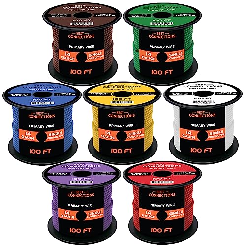 BEST CONNECTIONS 14 Gauge Automotive Primary Wire (100ft Each – 7 Color Bundle Set)– Durable Primary/Remote, Power/Ground Electrical Wire for Trailer, Car Audio, Lighting Circuits – 700ft Total by BEST CONNECTIONS - Used condition - US$48.89
