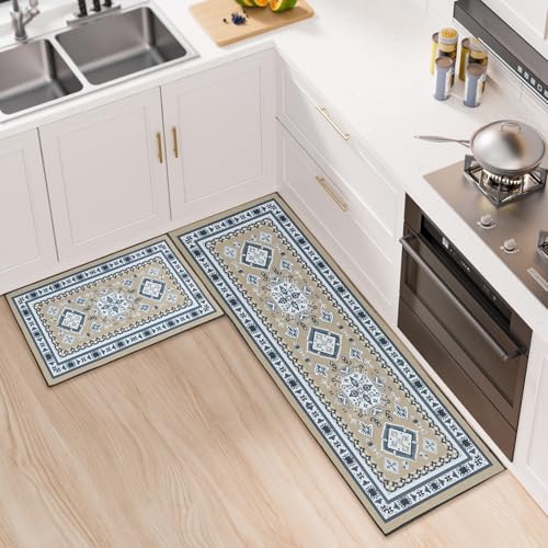 BWBIKE Juegos de Alfombras de Cocina Alfombras de Cocina Antideslizantes de 2 Piezas Alfombras de Corredor Lavables Alfombra de Piso de Cocina Gruesa Alfombra de Corredor，Caqui，43 x 75 + 43 x 150 CM