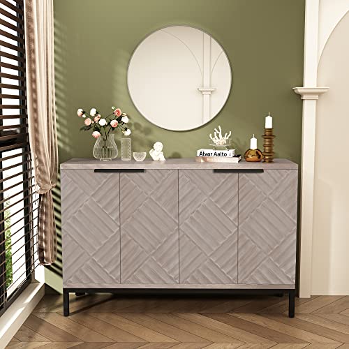 Hlr 47" Buffet Cabinet With 4 Doors & Shelves, Farmhouse Sideboard Wood Accent Cabinet Gray Storage Cabinet With Metal Legs For Dining Living Room,Entryway, Hallway & Office #TOP5