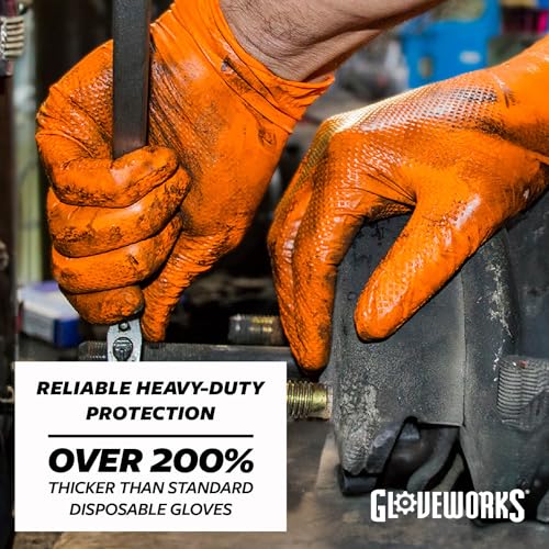 GLOVEWORKS HD Orange Nitrile Industrial Disposable Gloves, 8 Mil, Latex-Free, Raised Diamond Texture, Large, Box of 100