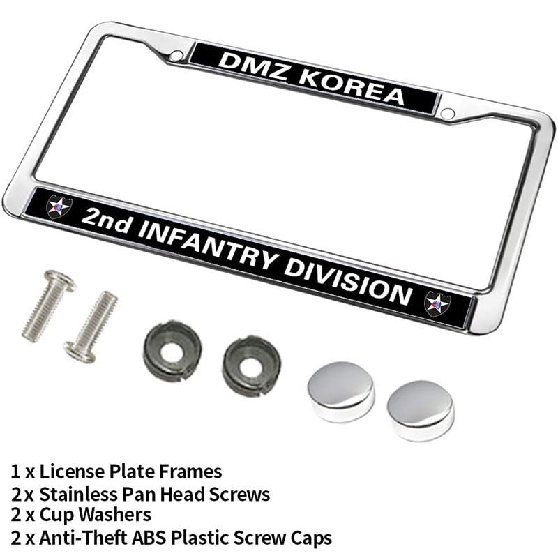 Image of DMZ Korea 2nd Infantry Division License Plate Frame Metal Auto Tag Holder | US Army 3rd Infantry Division License Plate Frame Chrome Metal Car Tag Cover Fit Standard US Auto Trucks Exterior Hardware