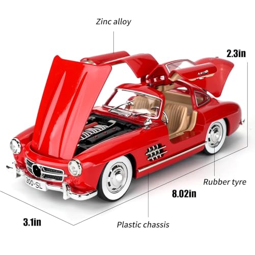Image of 1:24 Scale MER-CEDES Ben-Z 300SL Die-Cast Metal Car with Sport car Openable Doors Light and Sound,Pull Back Function Indoor Outdoor Toy for Kids (RED)