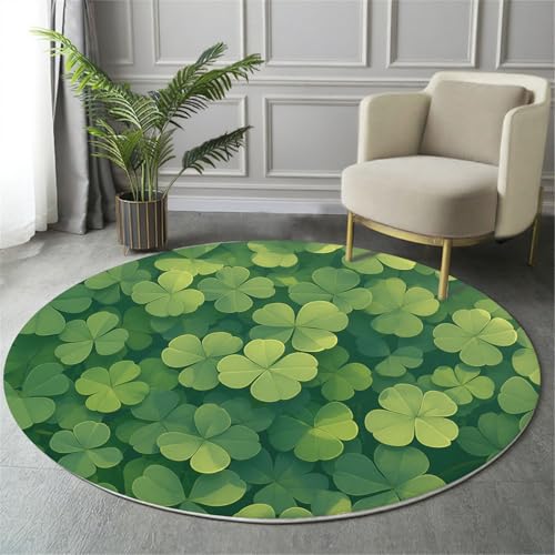 Tapis rond salon vert sauge imprimé trèfle antidérapant 80cm