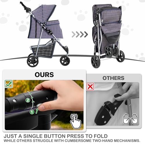 Image of MoNiBloom 3 Wheels Pet Dog Cat Stroller for Small Medium Dogs Cats, Lightweight Foldable Jogger Stroller w /Storage Basket and Cup Holder, Plaid