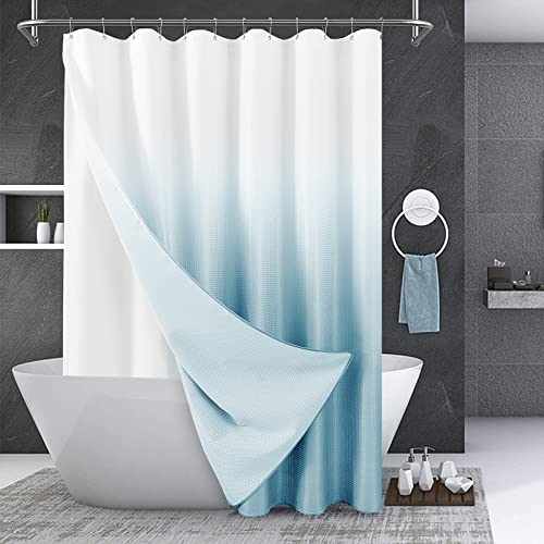 Blue Hotel Grade Double Shower Curtain With Snap In Liner Modern Elegant Ombre Shower Curtain Set For Bathroom, 12 Hooks Included - Waffle Weave Shower Curtain, Waterproof & Washable, Blue And White #TOP8