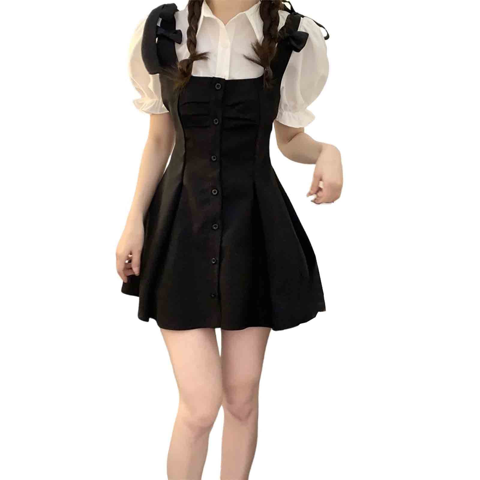 BXCNCKD Cute Japanese College Style Two-Piece Dress Black Retro Short-Sleeved Mini Dress Harajuku Dress