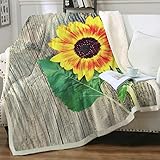 Sleepwish Sunflower Sherpa Throw Blanket Old Boards with Sunflowers Pattern Reversible Fleece Blanket Vintage Trendy and Chic Country Farmhouse Decor Twin(60'x80')