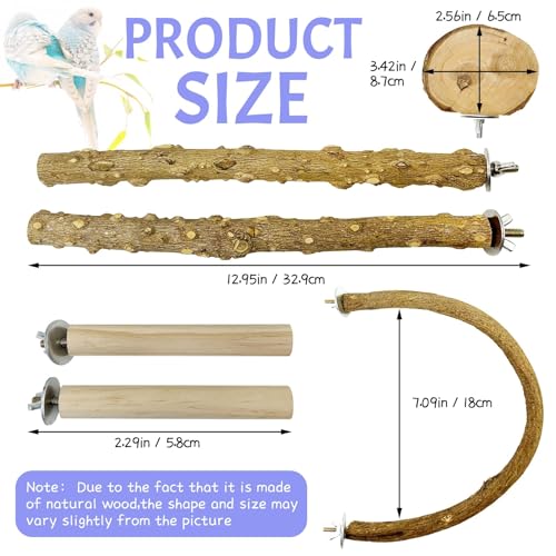 Image of PINVNBY 6 PCS Natural Bird Perches Wooden Parrot Perch Sets Bird Perches for Cage Parakeet Platform Hammock Paw Grinding Fork Chewing Stick for Budgies Conures Finches Cockatiels Lovebirds