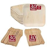 BIODORF Palmblattgeschirr set | 90 Stück (30 Quadratisch Palmblatt Teller, 30 Holzgabel, 30 Messer) | Bio Einweggeschirr | Biologisch abbaubar Partygeschirr | Premium Einweggeschirr set für 30 Gäste