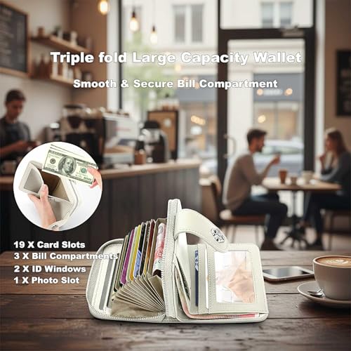 Image of Credit Card Wallets for Women, Leather Cardholder with Zipper Around, Small RFID Ladies Wallet, Accordion Compact Bifold Purse for Travel, 19 Card Slots, ID Window, Cash Organizer - White