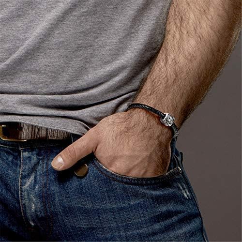 GNOCE Leather Bracelet for Men Women Copper Black Men's Braided Genuine Leather Bracelet with S925 Silver Skull & Rose Charm Punk Wrist Cuff Bracelet Gift For Men