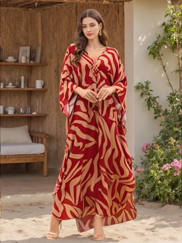 Image of IMAGEKOPE Women's Plus Size Animal Print V-Neck Batwing Kaftan Beach Dress Bathing Suit Cover-Up Loungewear