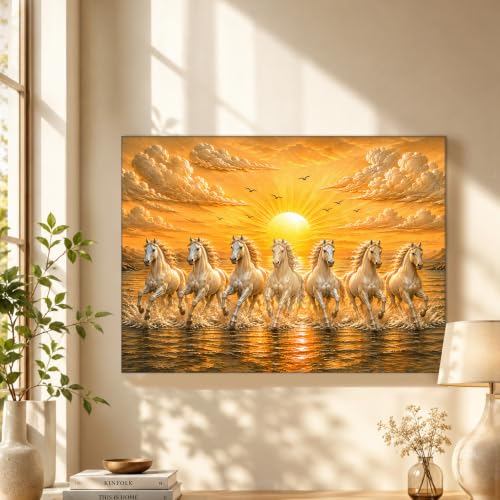 Image of PAINTINGMANTRA 7 White Running Horses Canvas Wall Art Painting For Living Room|Seven Running Horses Vastu Stretched Canvas Painting For Bed Room, Home & Office, 16x22 Inch