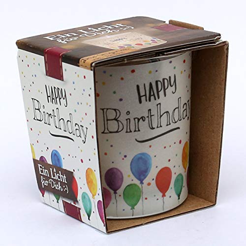 Windlichtglas mit Motiv auf Einer transparenten Banderole, inkl. 1 Teelicht, H/Ø: 6,5 x 6 cm, Motiv: Happy Birthday.