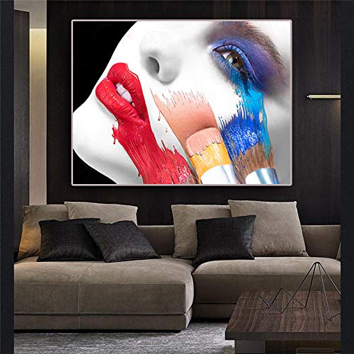 Toile art abstrait lèvres rouges femme peinture moderne salon 70x100cm