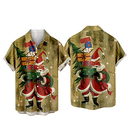 Christmas Hawaiian Shirt For Men Short Sleeve Button Down Santa Vacation Shirts Holiday Casual Beach Tops Plus Size Khaki #TOP5
