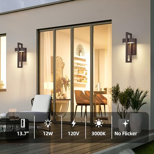 Image of tewei Modern LED Outdoor Wall Sconce Brown Outdoor Lights for House, 13.7'' LED Exterior Lighting Fixtures Outside Wall Mount Lights for Front Porch Hallway, Warm White 3000K, 2 Pack
