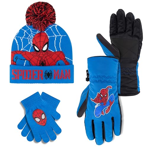 Image of Marvel Spider-Man Kid's Winter Hat and Snow Gloves for Boys and Toddlers, 2 Pc. Set, Pom-Pom Beanie with Warm Mittens