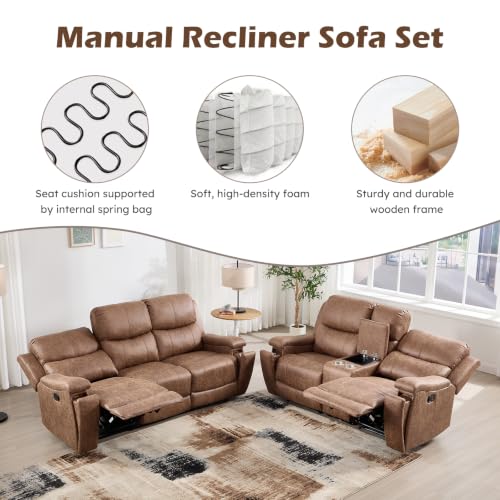 Image of CANMOV Faux Leather Manual Recliner Sofa Set, Manual Reclining Sofa and Recliner Loveseat with Center Console, Hidden Storage and Cup Holders for Living Room,Bedroom Furniture,Nut Brown