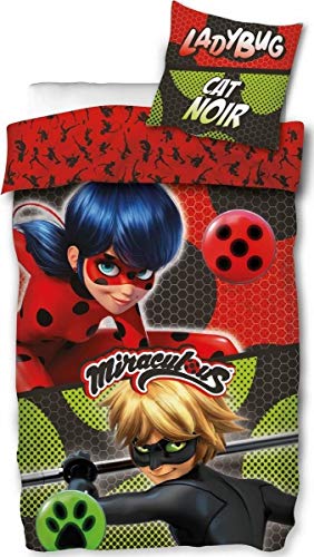 Parure de Lit Ladybug et Chat Noir - Housse de Couette 140x200 cm + Taie d'oreiller 63x63 cm