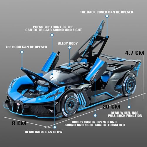 Image of 1:24 Scale Diecast Metal Car Bolide Toy Car Die Cast Metal Pullback Car with Openable 6 Doors, Light Music Boys Gifts Toys, Black