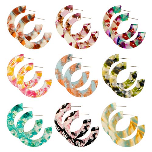 9 Pairs Leopard Hoop Earings Lightweight - Bohemia Statement Hoops Acrylic Resin Round Circle Stud Earring Set - Drop Dangle Ecetate Earrings Green Pink Red for Teen Girls Women (9 pairs)