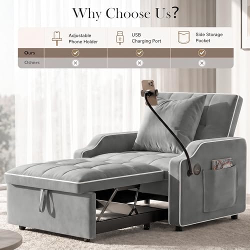 FOUNBITE 3-in-1 Sofa Bed, Convertible Sleeper Chair, Pull Out Sofa Couch with USB Charging Ports, Phone Holder & Side Pocket, Adjustable Backrest, Velvet Fabric, Easy Assembly for Living Room (Gray) - 4
