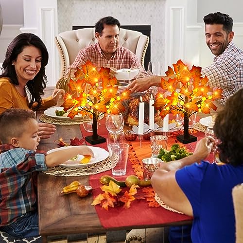 [ 2 Pack & Timer ] Turnmeon 18 Inch Fall Lighted Maple Tree With 48 Orange Red Pumpkin Lights Battery Operated Artificial Tree Fall Thanksgiving Decor Autumn Harvest Home Tabletop Indoor Decorations #TOP4