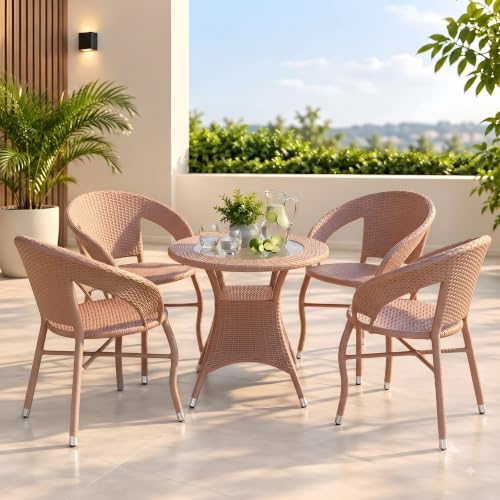 OUTLIVING D12 5-Piece Wicker Bistro Coffee Table Set, Light Brown
