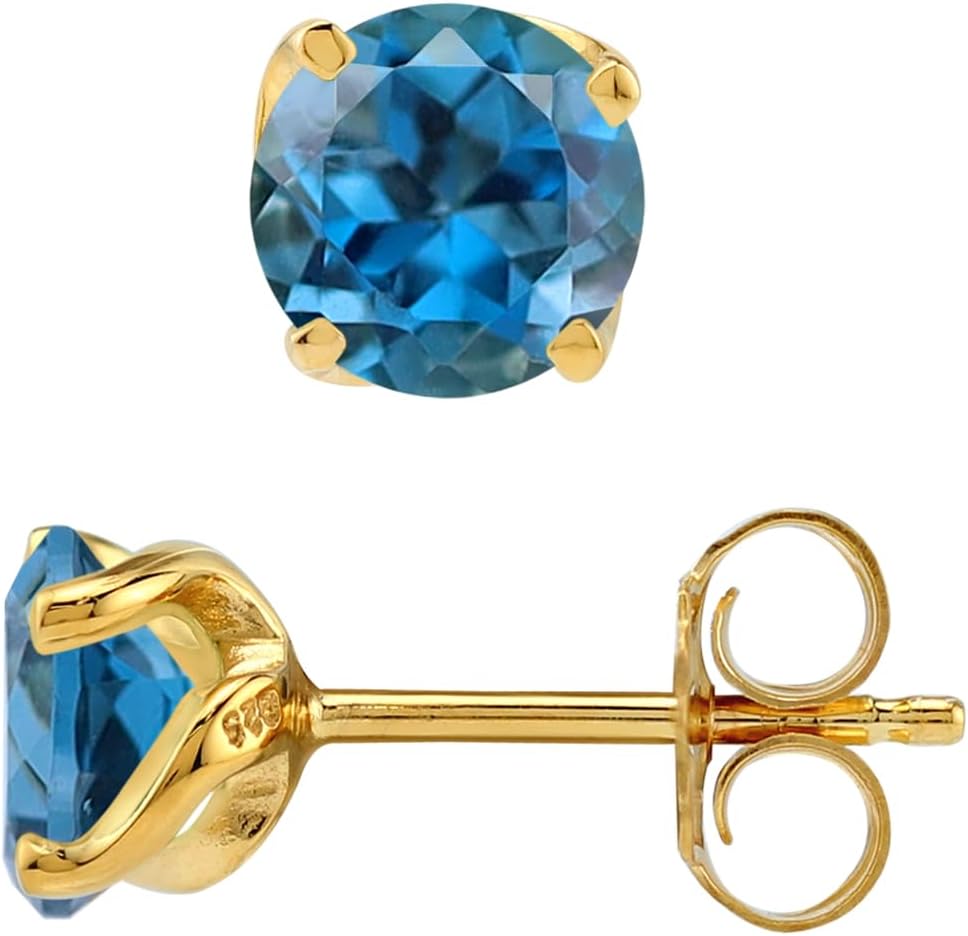 Silvershake 6MM Round Shape Birthstone Gemstones White Gold Plated or Yellow Gold Plated 925 Sterling Silver Business Attire Minimalist Stud Earrings for Women or Teens