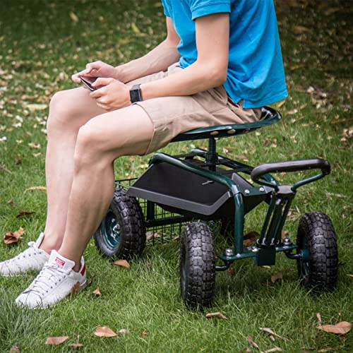 Kinsunny Garden Cart Rolling Work Seat with Tool Tray Heavy Duty Scooter Gardening Planting - Thumbnail 2