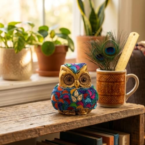 Image of Vintage Metal Owl Showpiece and Paper Weight Metal Handicraft Idol for Home Decor (Gold Stone)