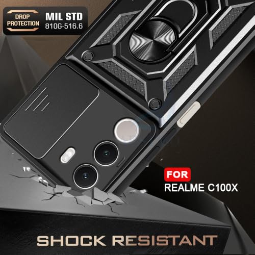 Image of AESTMO Tough Armor Realme C100X Bumper Back Case Cover | Ring Holder & Sliding Camera Shield Cover | 360 Degree Protection Back Case Cover for Realme C100X (Black)