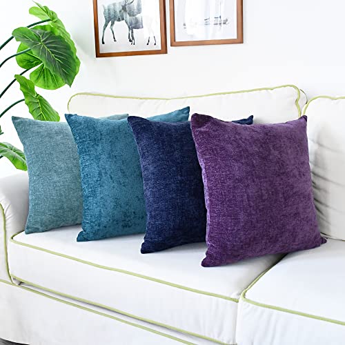 Calitime Throw Pillow Covers Set Of 4 Modern Multi-Color Matching Cozy Soft Chenille Cushion Cases Shells For Couch Sofa Home Decor 20 X 20 Inches Navy Purple Ocean Smoke Blue #TOP1