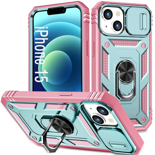 Coque de protection iPhone 15 robuste rose vert avec clapet