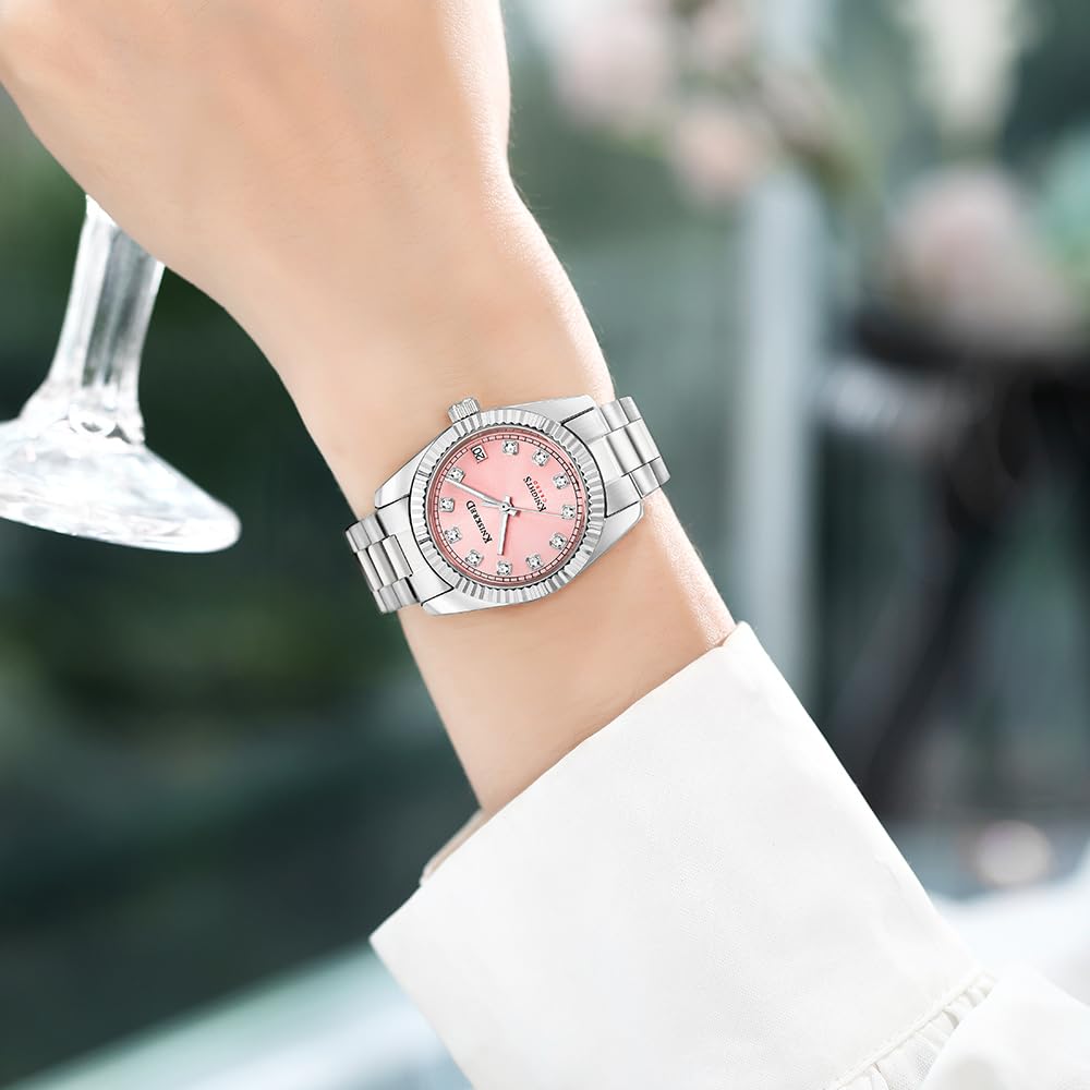 Montre Classique pour Femmes avec Cristal Accentué et Bande en Acier Inoxydable Solide Dames Robe Montre Résistante à l'eau