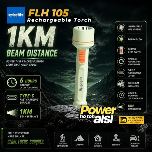 Image of 5W High Power LED Rechargeable Torch Light | 1KM Long Range Beam | 1200mAh Battery Up to 6 Hours Backup | 2 Light Modes | 500 Lumens | Radium Glow Body | IP 20 Rated | Type C | Outdoor Camping Travel