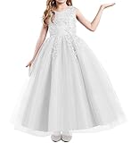 Lavar a mano Mifeiwukawa Vestido largo de tul con lentejuelas bordadas para niñas, para concurso, boda, cumpleaños, comunión, formal, vestido largo de noche, blanco, 130