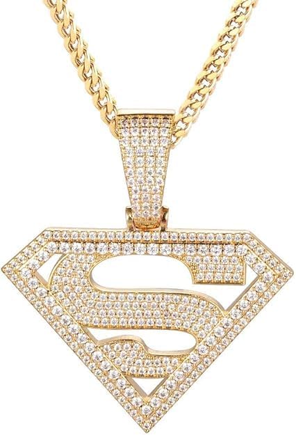 14K/White Gold Plated Diamond Shape Cubic Zirconia Superhero Pendant Necklace Hip Hop Full Iced CZ Out Pendant With 24'' Stainless Steel Franco Chain For Men Women2