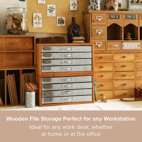 Wooden File Organizer With 4 Metal Drawers - File Sorter & Folder Organizer For Letter Sized A4 Documents - Desktop Paper Tray Drawers With Label Holders - Retro Steampunk Style Office Supplies #TOP2