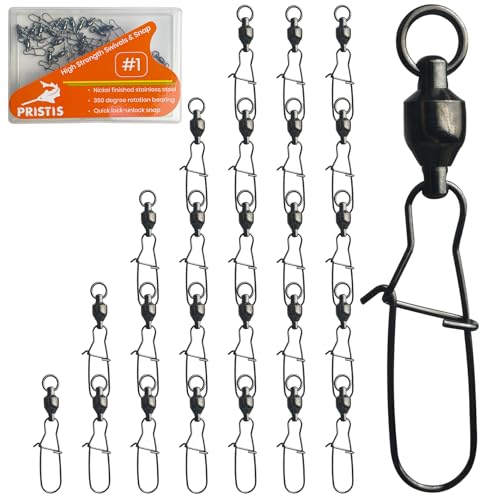 Pristis 25 Pack #1 High Strength Fishing Snap & Swivels, Ball Bearing with Coastlock Snap, Saltwater Corrosion Resistant Connector, 33 lb Freshwater Heavy Duty Black Nickel Finish Tackle Kit for Bass