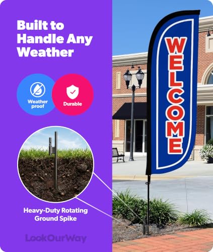 Image of LookOurWay Feather Flag Pole Kit - 7 Feet Tall Advertising Banner with Fiberglass Pole Set and Ground Spike for Business Promotion - Open Flags - Welcome Blue & Red