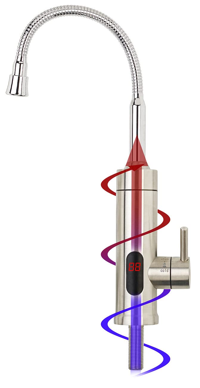 Rosenstein & Söhne Elektrischer Wasserhahn: 2in1-Edelstahl-Armatur & Durchlauferhitzer, LED-Display, 60 °C, 1/2" (Durchlauferhitzer Wasserhahn, Duscharmatur mit, Bad)